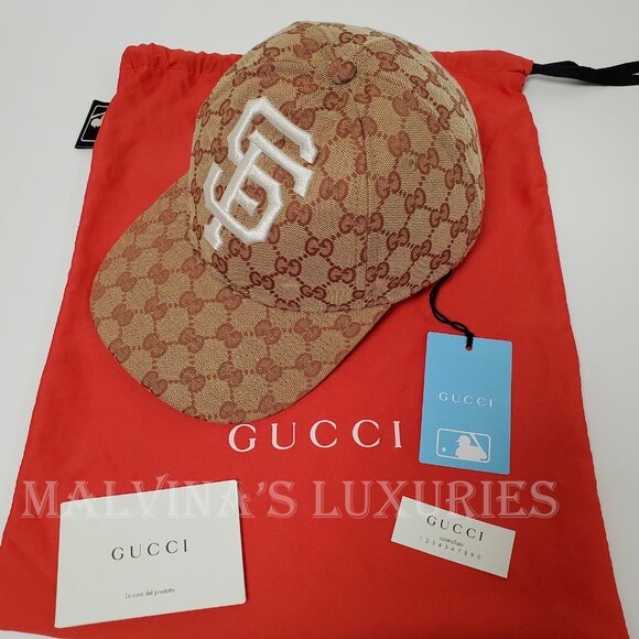 GUCCI BASEBALL CAP SF GIANTS GG SUPREME LOGO CANVAS EMBROIDERED HAT - Picture 13 of 14